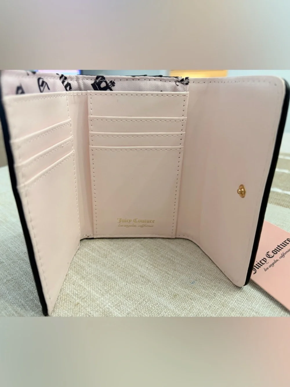 Juicy Couture Black Quilted Heart Mini Trifold Wallet with Gold Heart Accent. - Picture 3 of 5